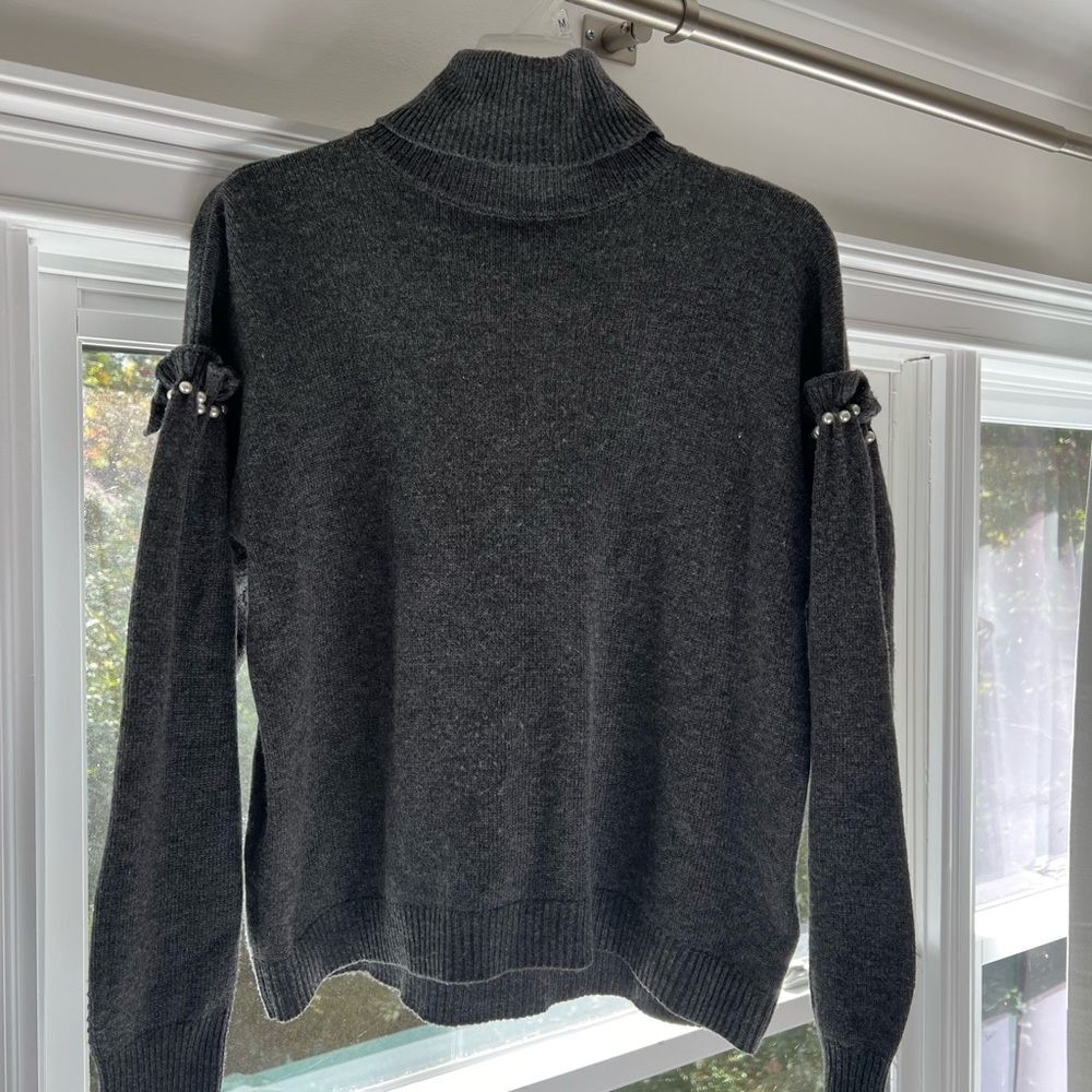 Joie Charcoal Grey Turtleneck Sweater with Pearl Accents